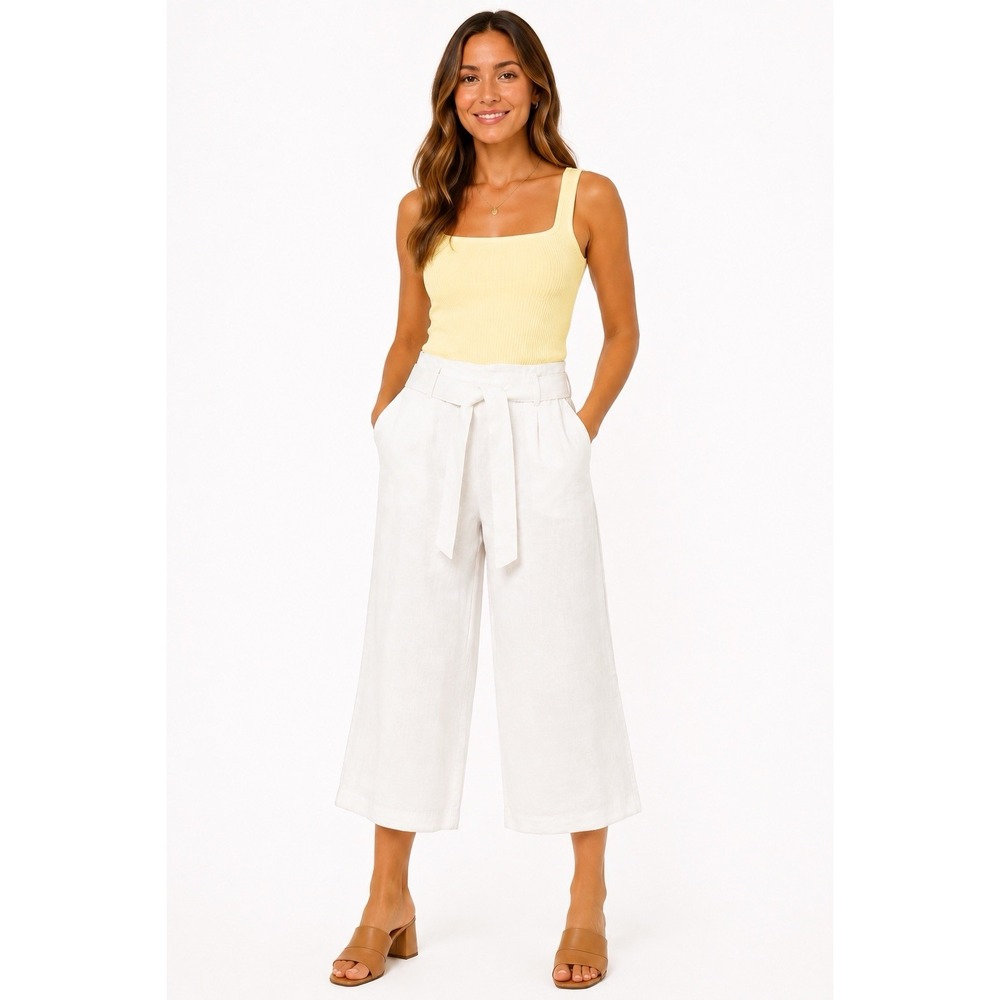 NWT Chico's Linen Wide Leg Crop Pants 12 Petite White Belted Coastal Resort